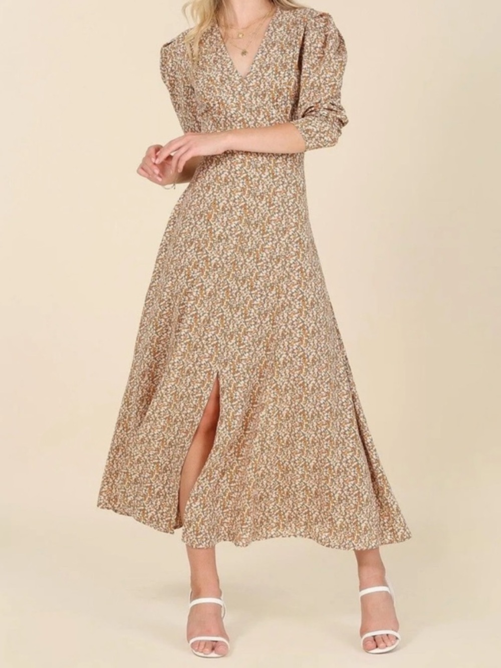 NWT Women's Floral V-Neck Long Sleeve Midi Dress in Tan Floral - Picture 9 of 9